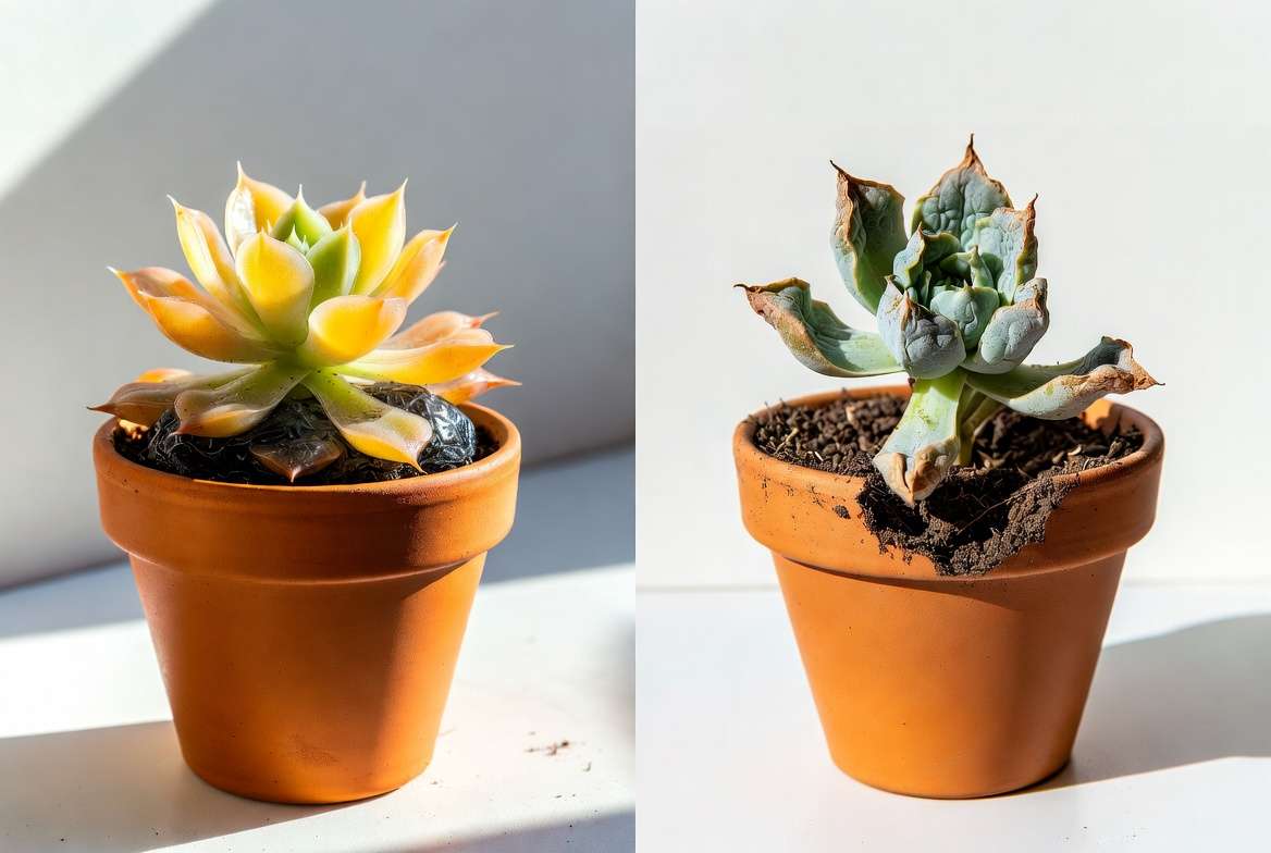 Dying succulent symptoms: overwatered yellow mushy leaves vs underwatered wrinkled shriveled succulent