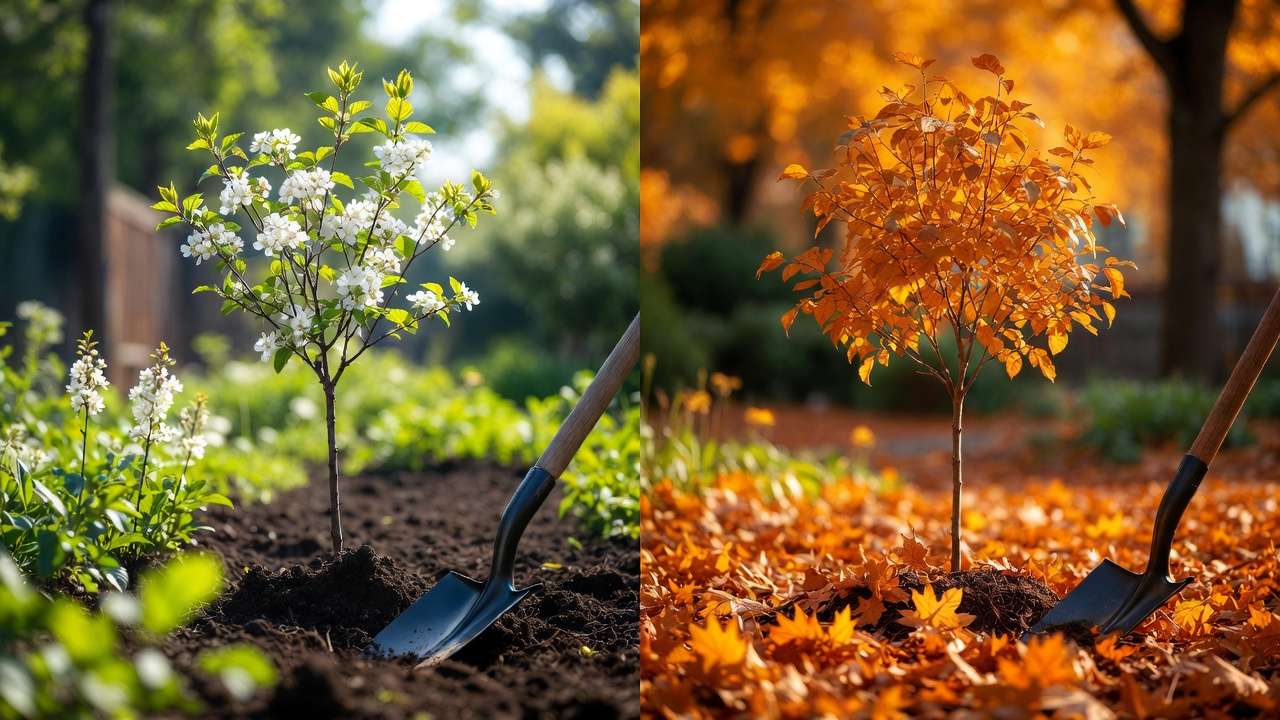 Split view comparing spring and fall tree planting scenes with fresh green growth versus autumn foliage and soil