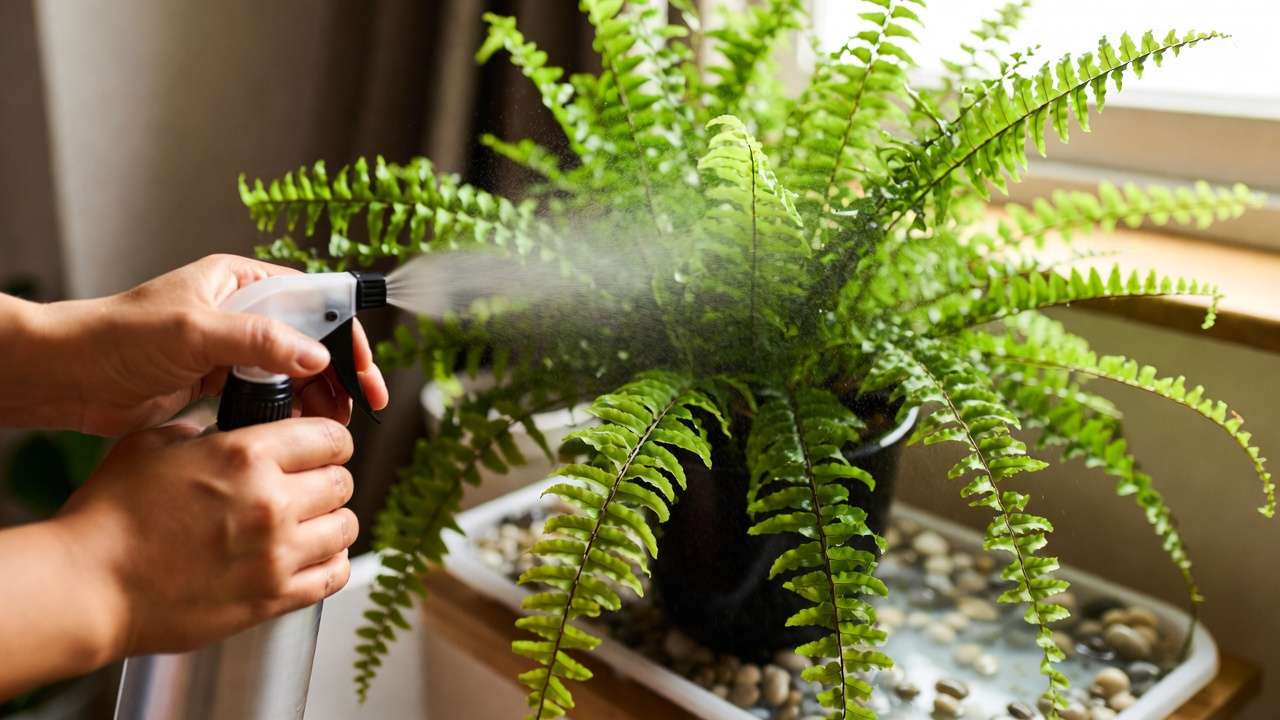 Misting a Boston fern to maintain high humidity for healthy growth and air cleaning