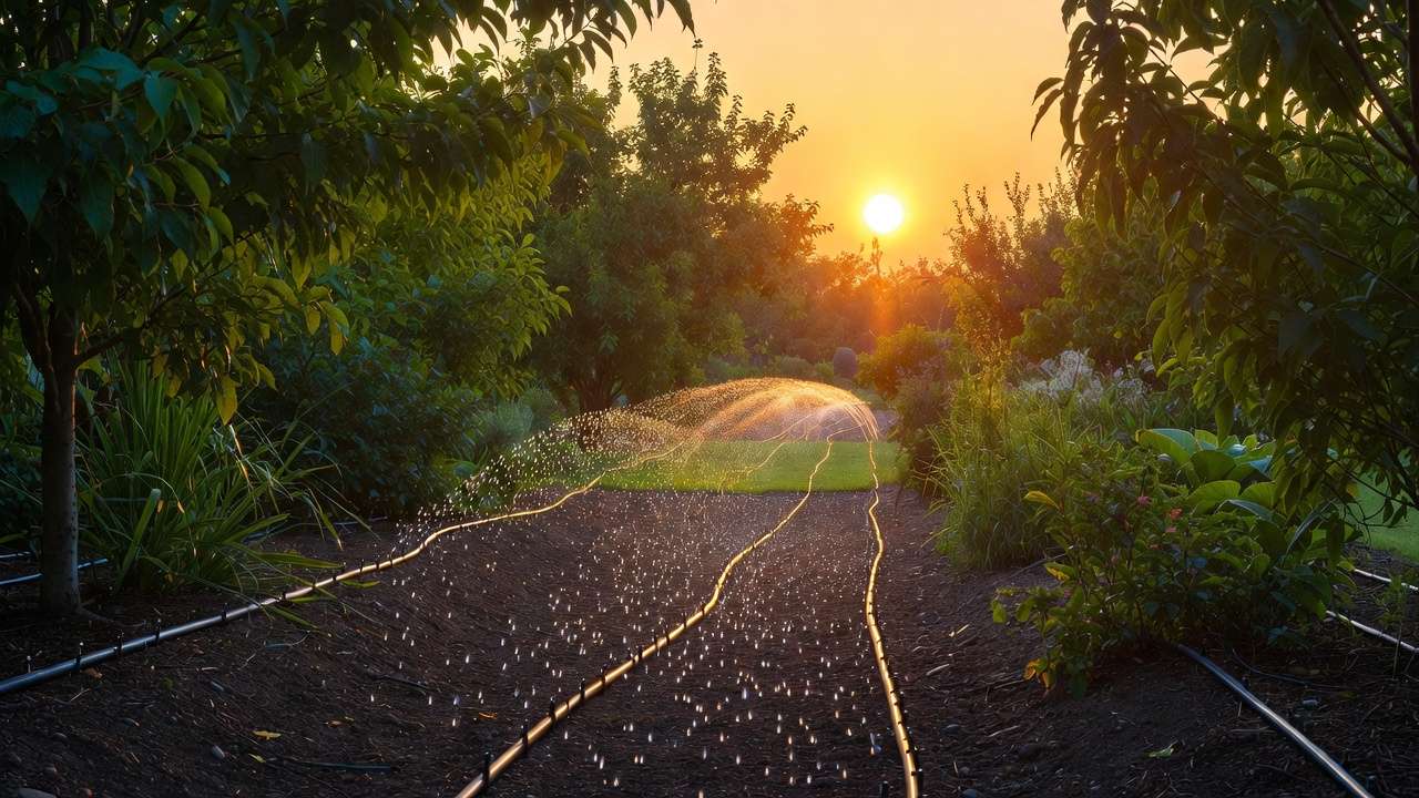 drip irrigation and soaker hoses watering trees and shrubs in garden during drought restrictions