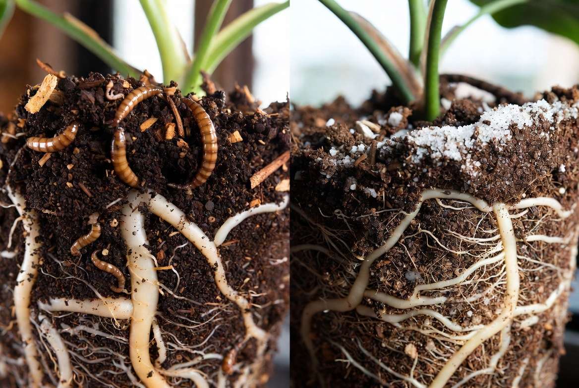 Organic vs synthetic houseplant fertilizer soil comparison showing healthy microbiome versus salt buildup