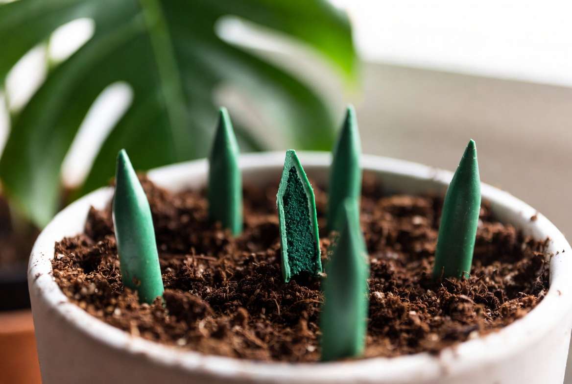 Close-up of slow-release fertilizer spikes for indoor plants showing nutrient core in potting soil