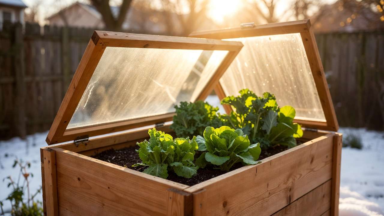 Using cold frames to extend growing season – open wooden cold frame protecting fresh winter lettuce and kale
