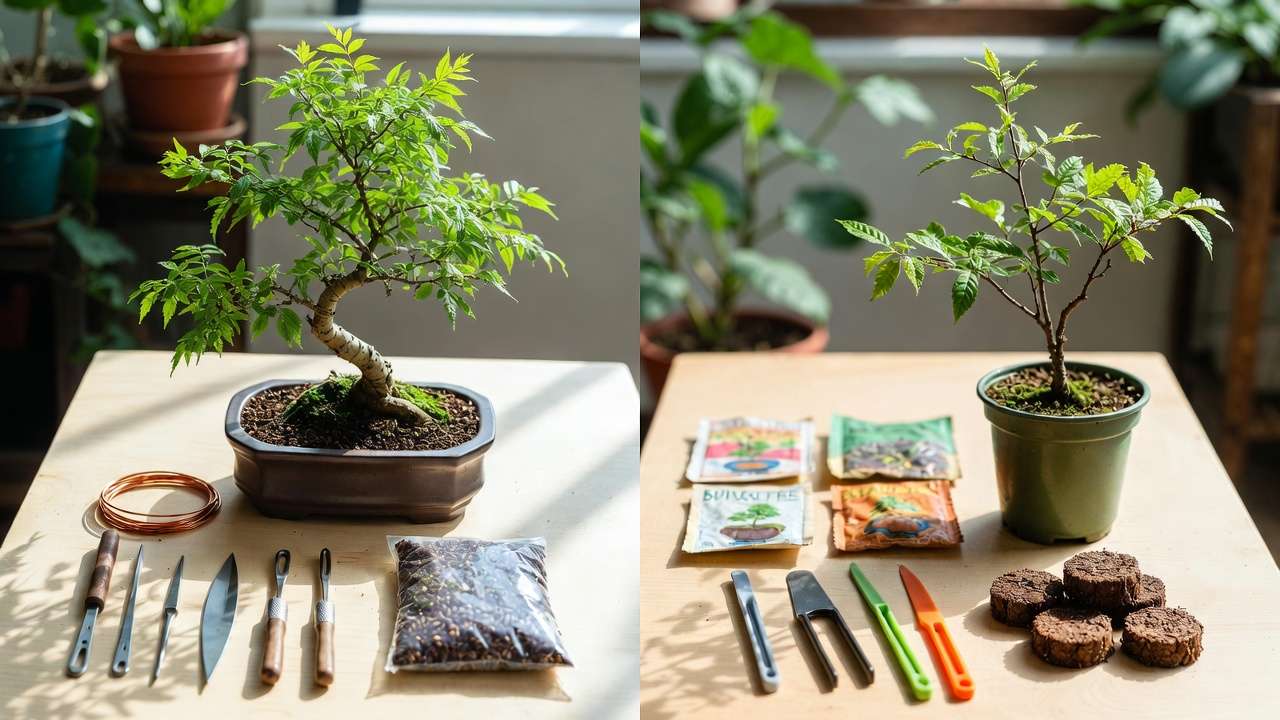 Side-by-side comparison of quality pre-bonsai starter kit versus typical disappointing seed-based bonsai kit for beginners