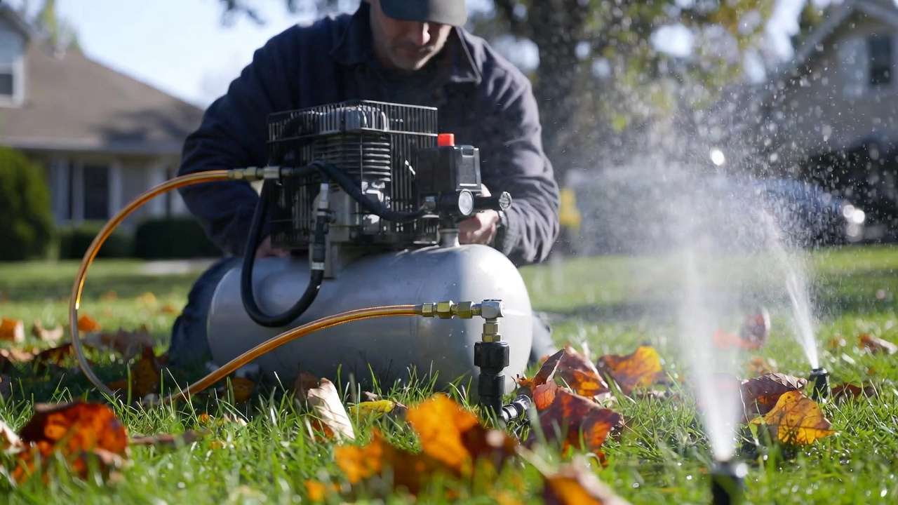 Technician performing irrigation system blowout with air compressor and mist from sprinkler heads in fall