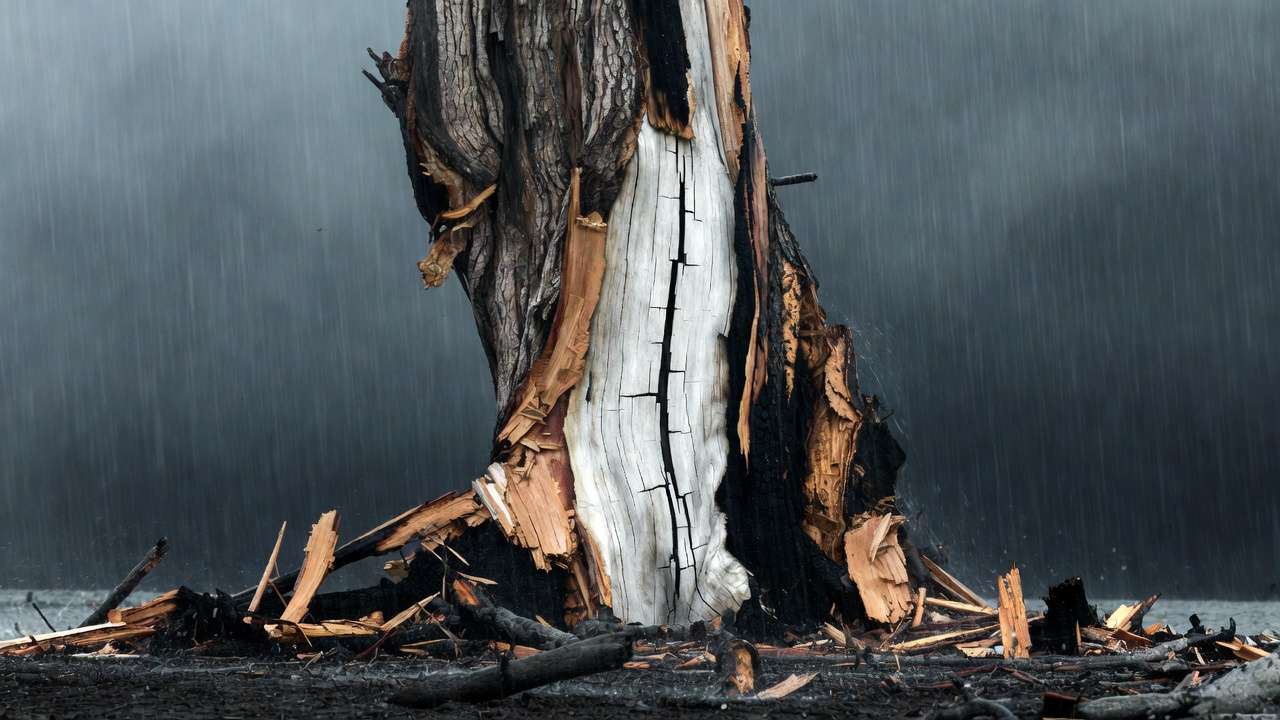 Large tree with severe lightning strike damage showing stripped bark, deep splits, and charring after a thunderstorm