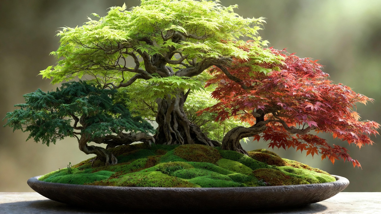 Mature yose-ue forest bonsai Japanese maple group planting with layered depth and natural harmony in shallow tra