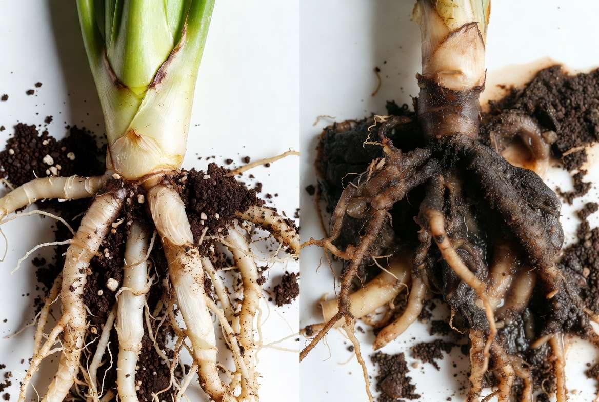 Healthy white roots versus mushy brown rotted roots showing the difference in root rot