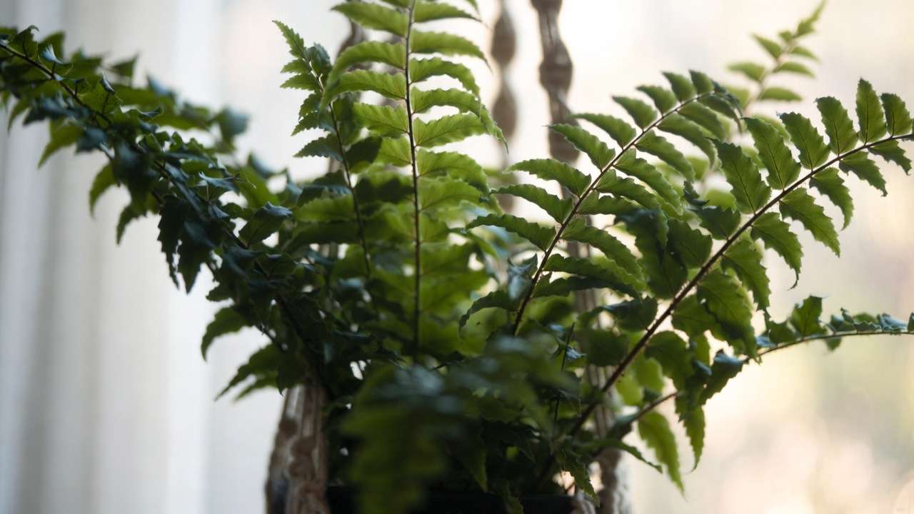 Lush Boston fern with soft feathery fronds in hanging basket, pet-safe houseplant