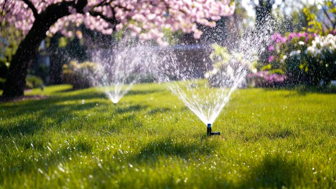 Healthy green lawn with properly restarted sprinkler system watering in spring after winter blowout