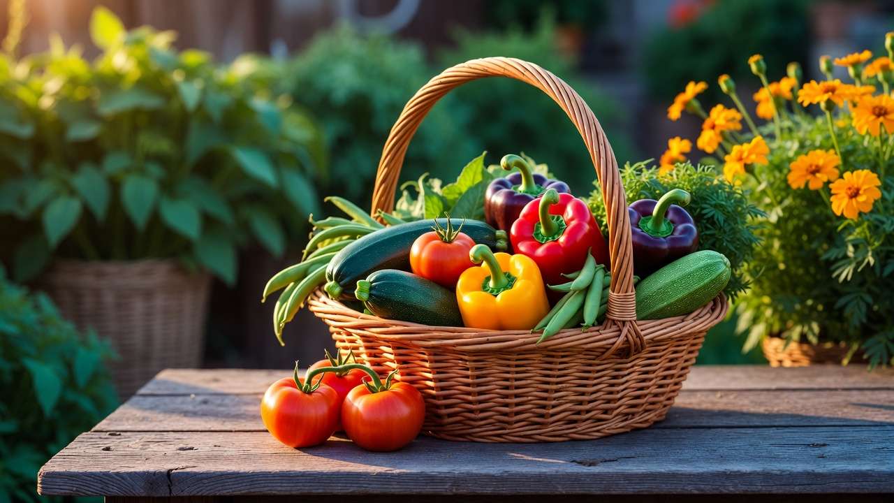 Freshly harvested August garden bounty in a basket: tomatoes, zucchini, peppers, and bean