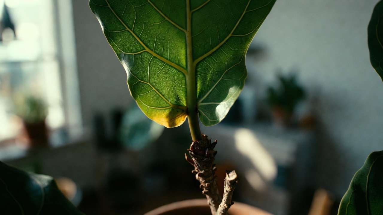 natural leaf abscission on fiddle leaf fig showing plant stress response and leaf drop science