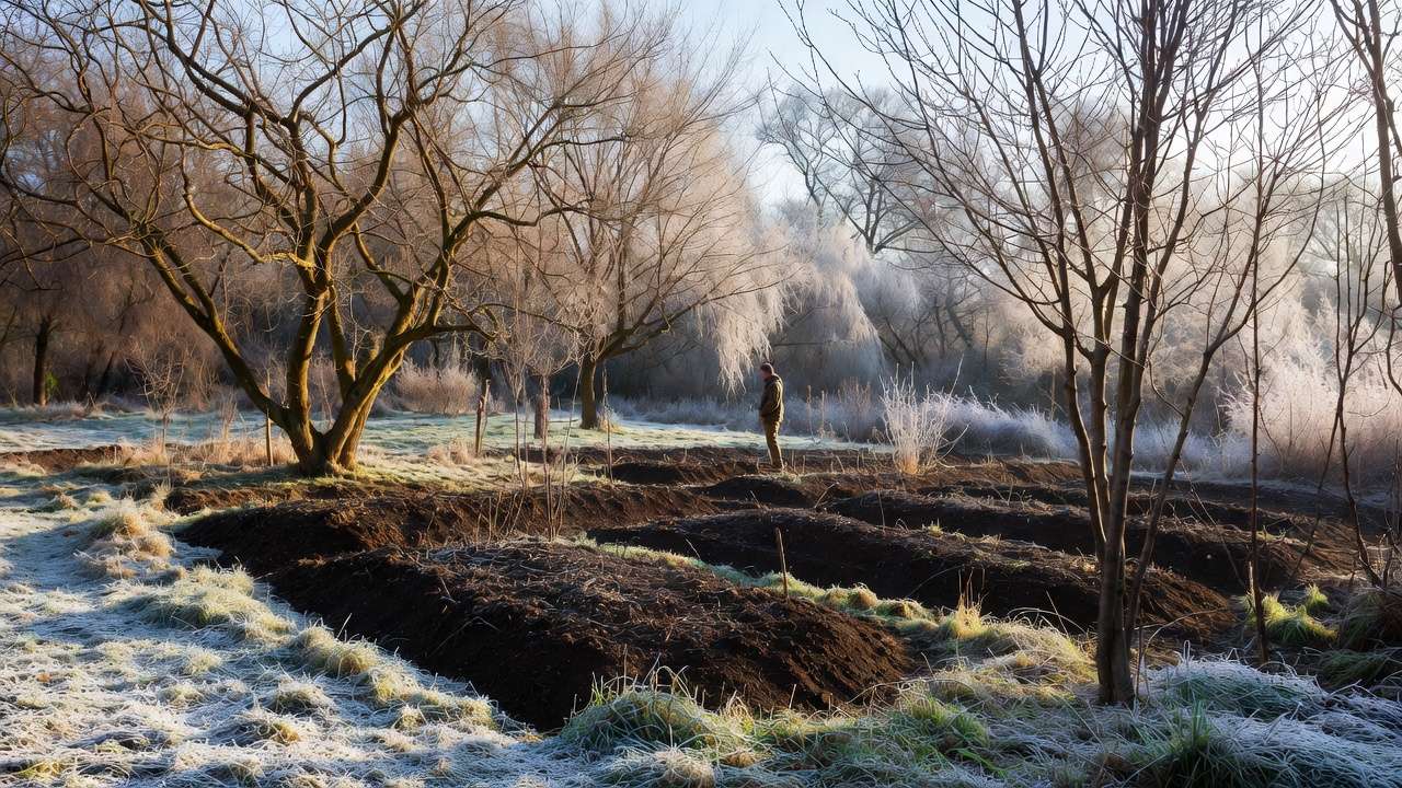 Dormant February garden ready for spring preparation with bare trees and cleared beds