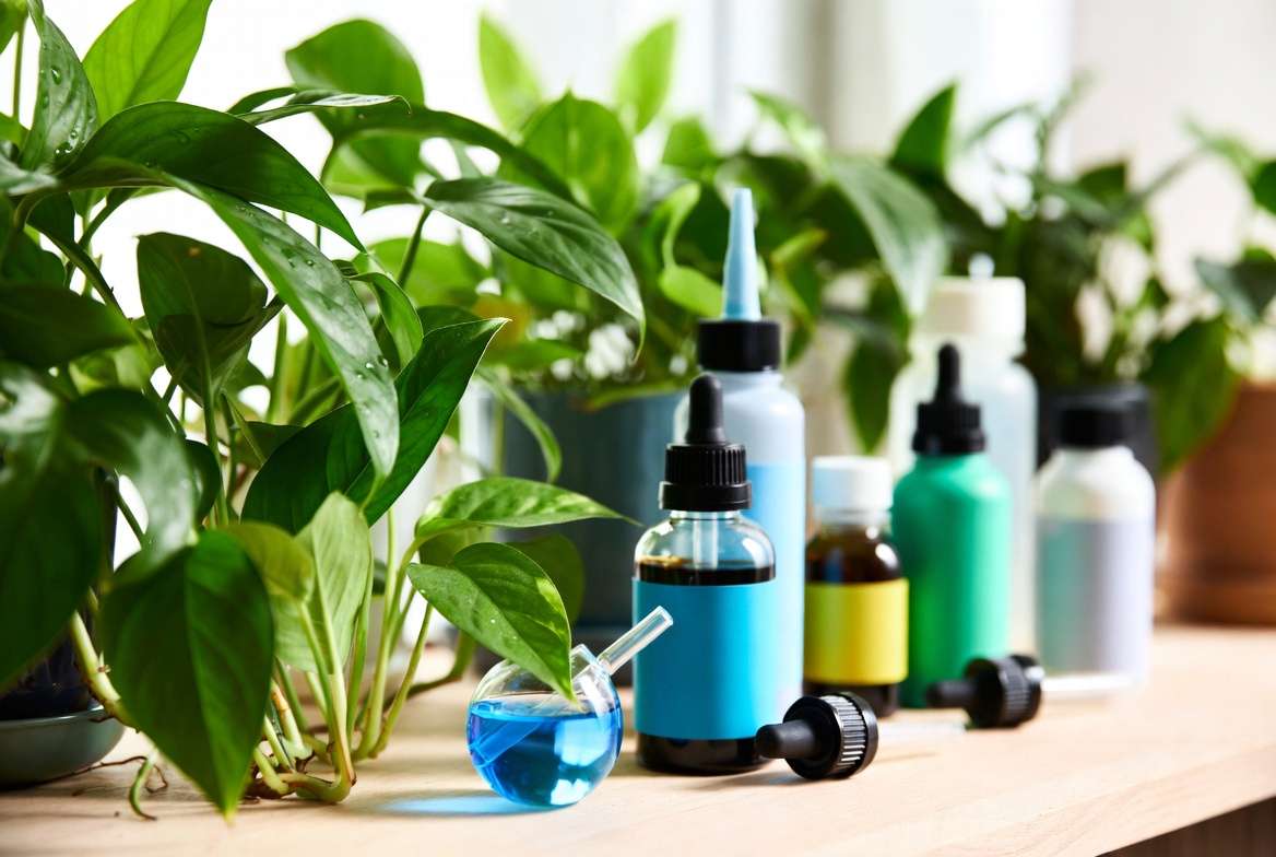 Liquid fertilizer bottles and measuring tools beside healthy houseplants for indoor plant feeding