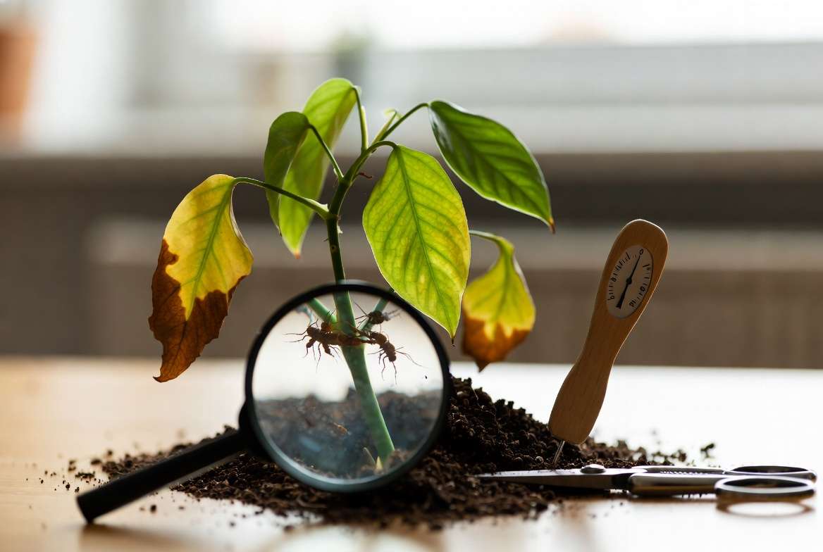 Struggling houseplant showing common signs of distress including yellow leaves, brown tips, and pests for plant diagnosis guide