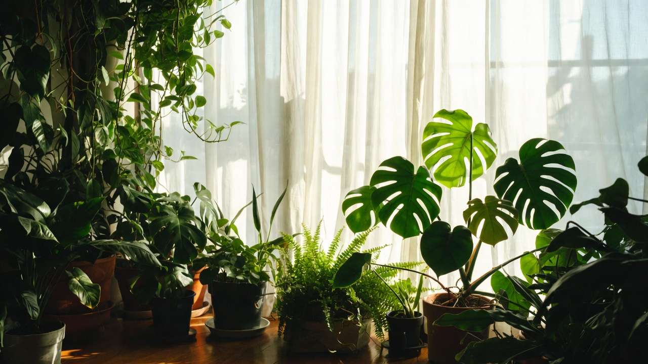Houseplants thriving behind white sheer curtains with soft filtered sunlight in a bright indoor window