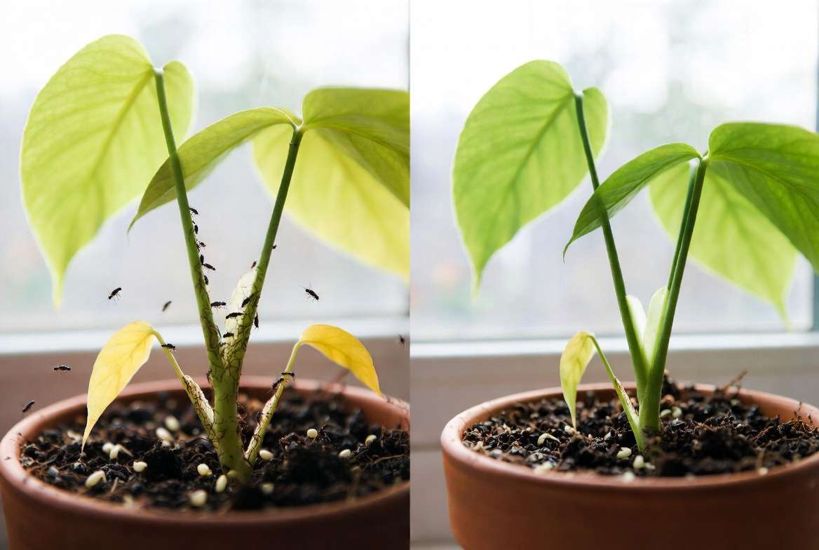Soil replacement for severely infested plants - before and after comparison showing pest damage versus healthy plant