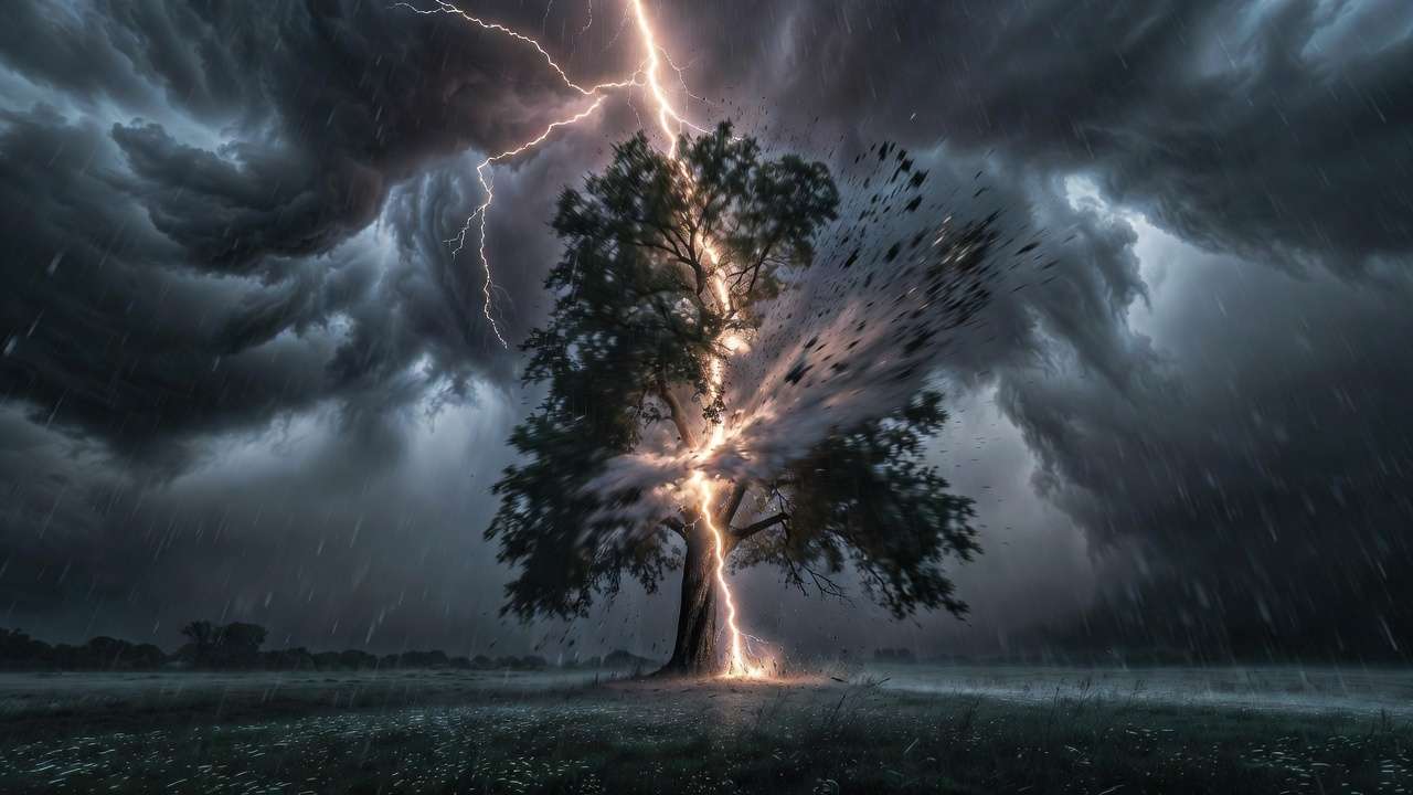Tall isolated oak tree struck directly by lightning during a heavy thunderstorm, showing explosive damage