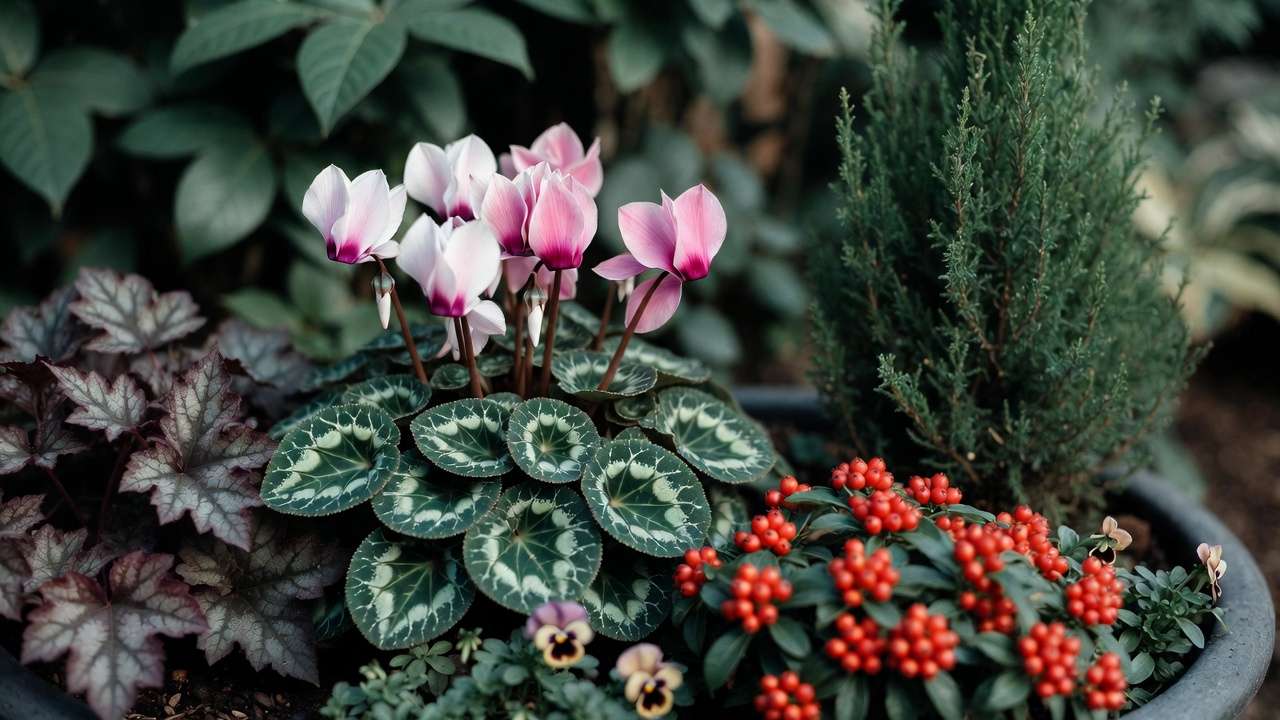 Winter container plants featuring cyclamen, heuchera, nandina berries, and evergreen foliage for year-round interest