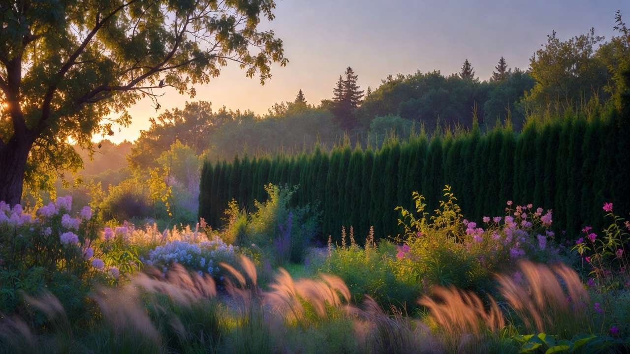 Thriving sheltered garden oasis created by an effective windbreak of trees and shrubs