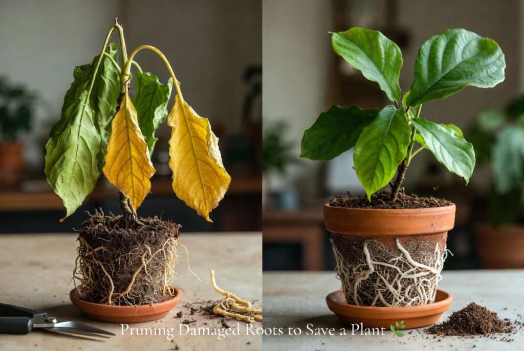 pruning damaged roots to save a plant