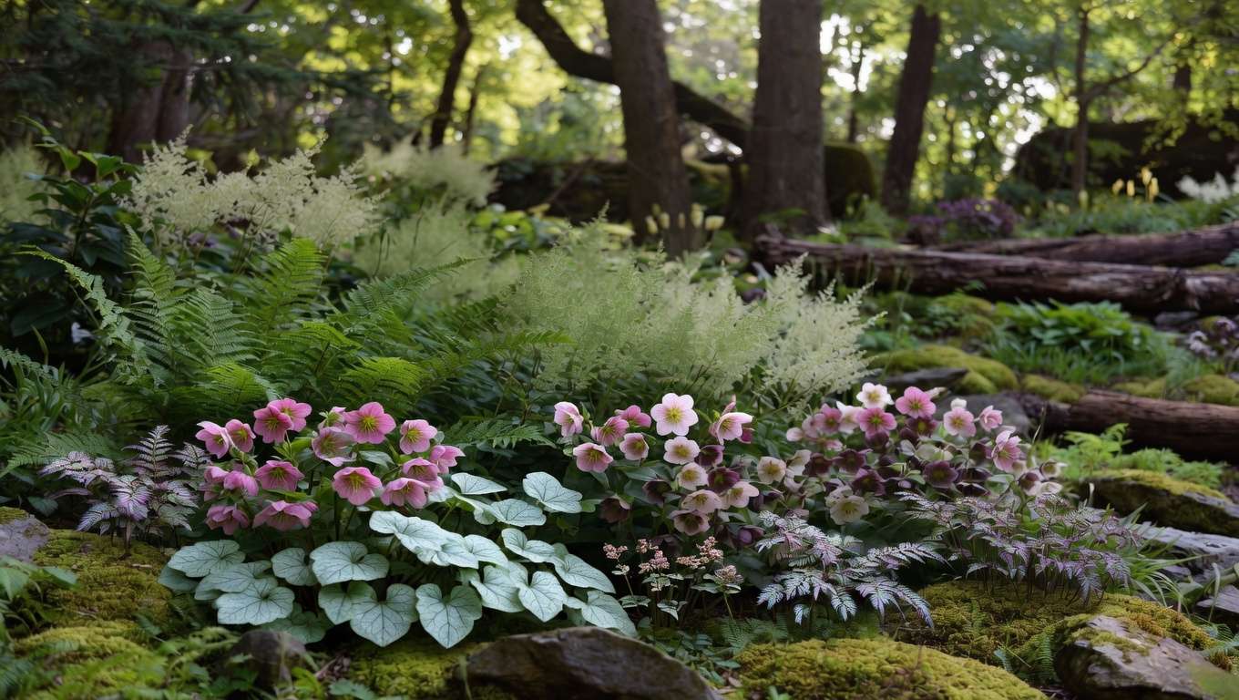 Deer resistant shade garden plants including hellebores, Japanese painted fern, and brunnera thriving in low light