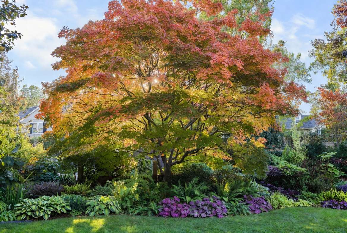 State Street maple tree with companion plants and underplanting in landscaped backyard garden