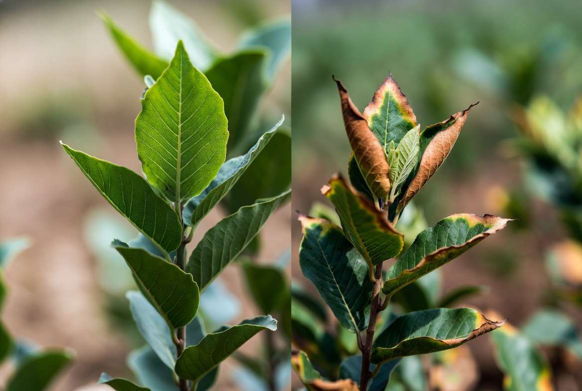 Plant leaf tip and edge browning scorch symptoms versus healthy green foliage