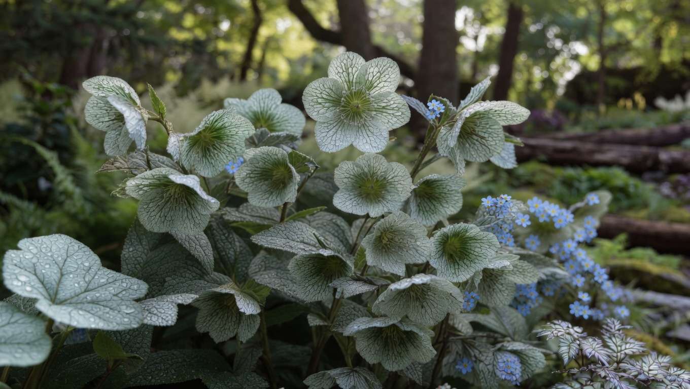 Brunnera Jack Frost silver leaves and blue flowers – excellent deer resistant shade plant