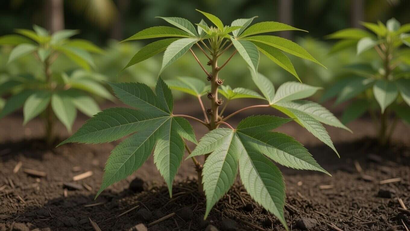 Cassava Manihot esculenta palmate leaves in tropical garden setting for look-alike identification