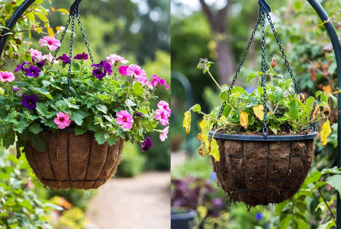 common mistakes in basket planting versus healthy thriving hanging baskets for planting
