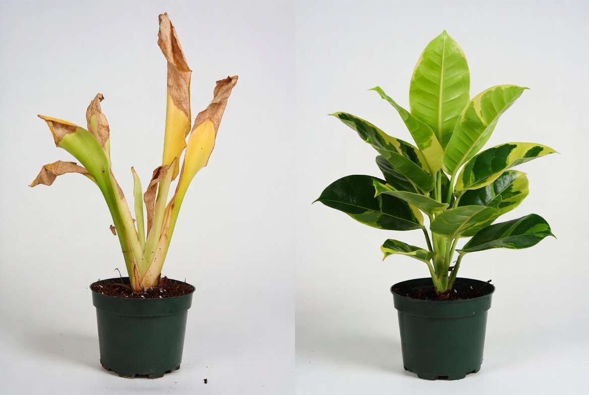Before and after comparison of Song of India plant care - healthy vs unhealthy leaves