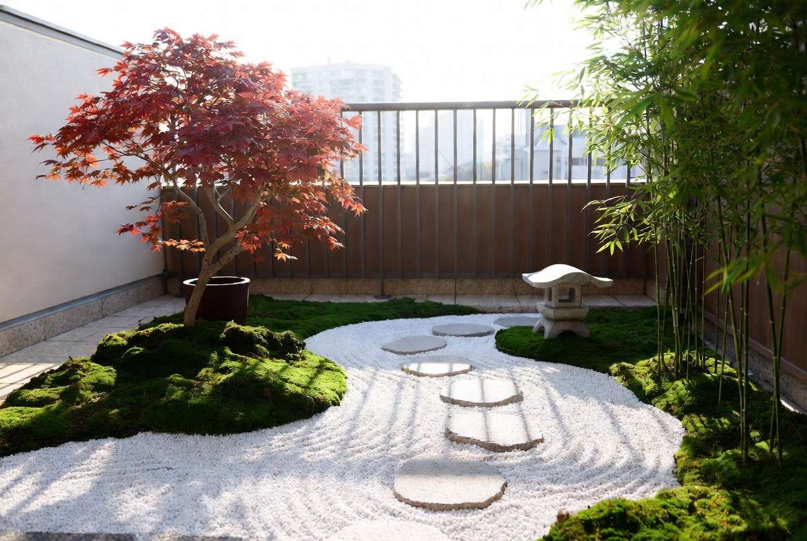 Zen Japanese garden design on balcony with moss and maple for small space gardening