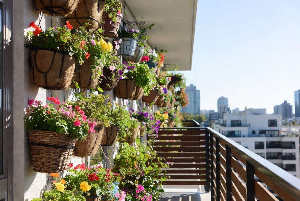 creative vertical garden ideas using hanging baskets for planting on a small balcony