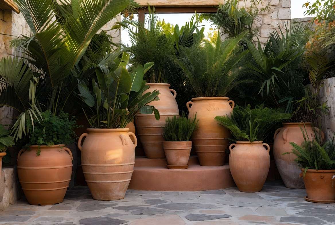 Creative styling ideas for large terracotta planting pots on balcony and patio