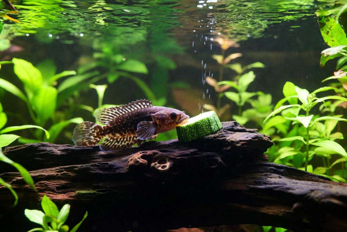 Bristlenose pleco eating zucchini on driftwood as proper feeding solution in planted aquarium