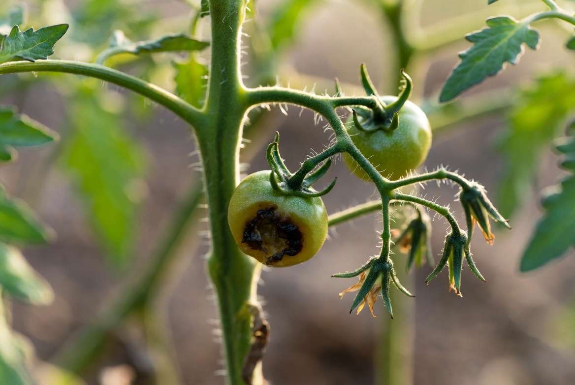 Blossom end rot symptoms on tomato fruit with dark sunken spots