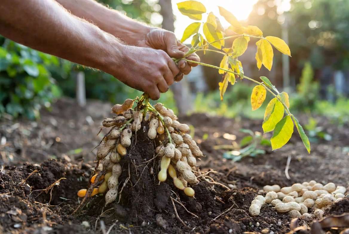 Harvesting homegrown peanuts straight from the garden soil
