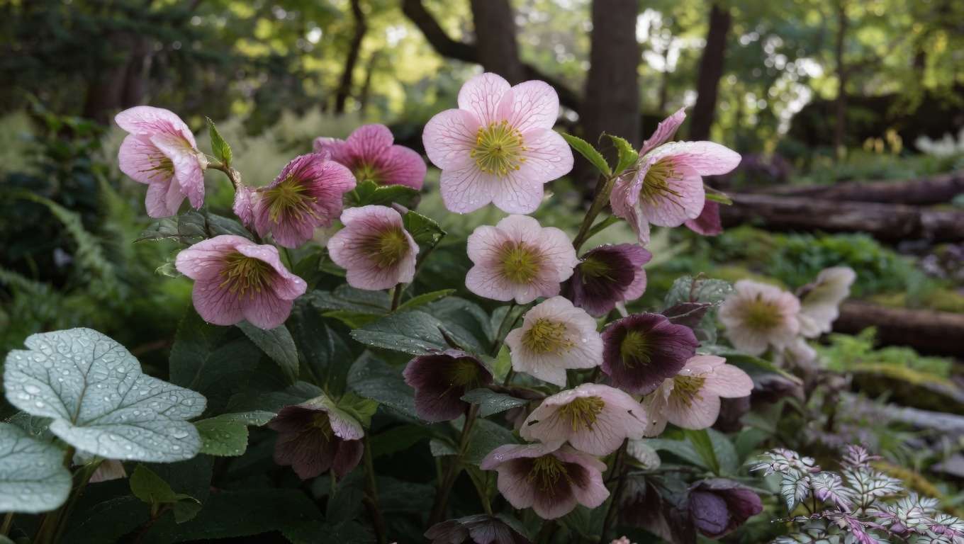 Hellebores Lenten rose flowers and evergreen foliage – top deer resistant shade perennial