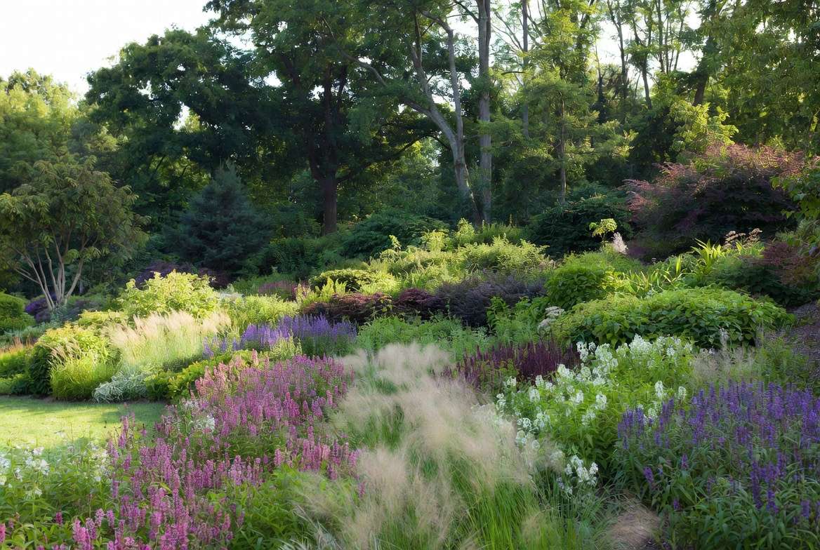 Layered low-maintenance PA native plant garden design with trees, shrubs, perennials and grasses in Pennsylvania