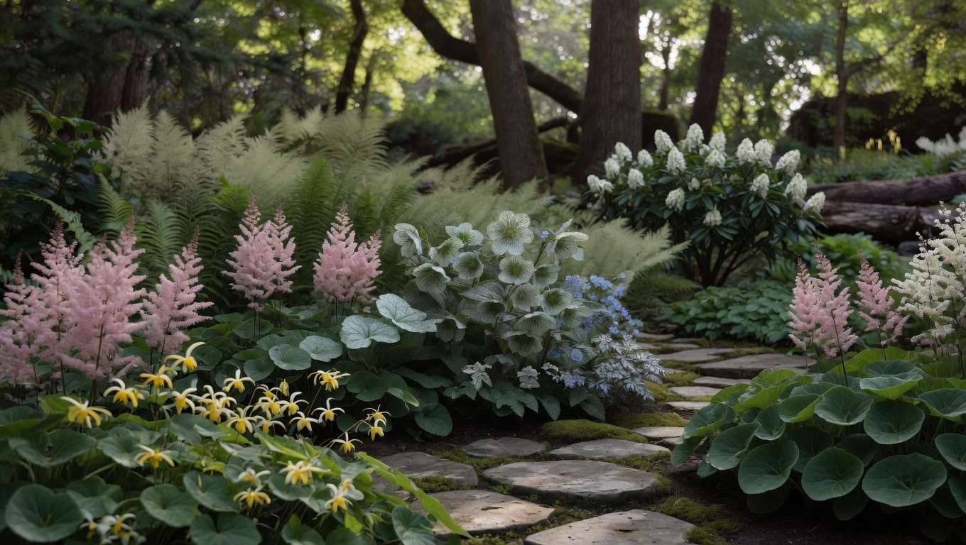 Layered deer resistant shade garden design with ferns, hellebores and groundcovers under trees