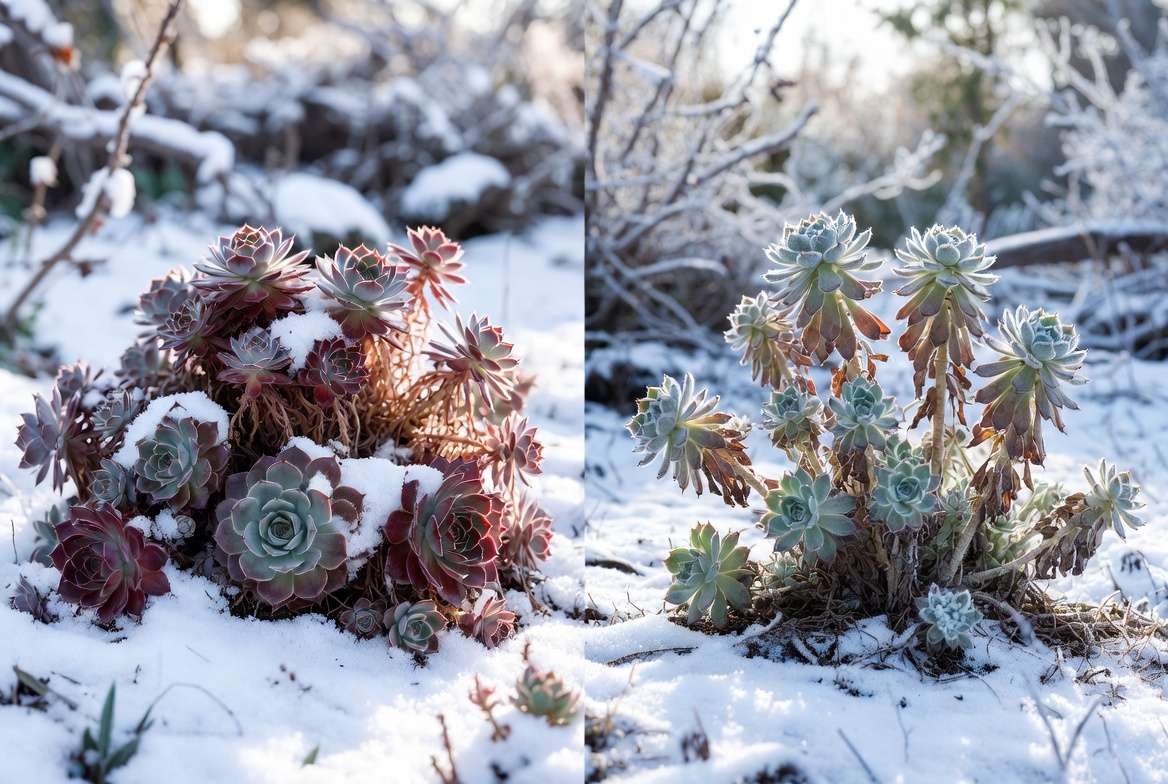 Cold-hardy succulents like Sempervivum thriving in snow versus tender Echeveria with frost damage