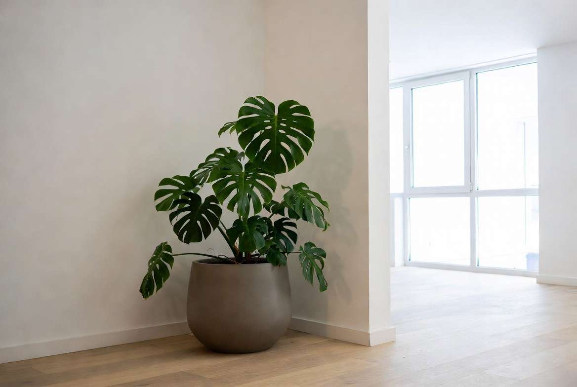Indoor styling ideas with large round planter and monstera in modern home garden