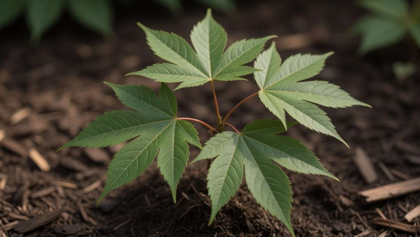 Japanese Maple young leaves palmate serrated close-up for identification against pot look-alikes