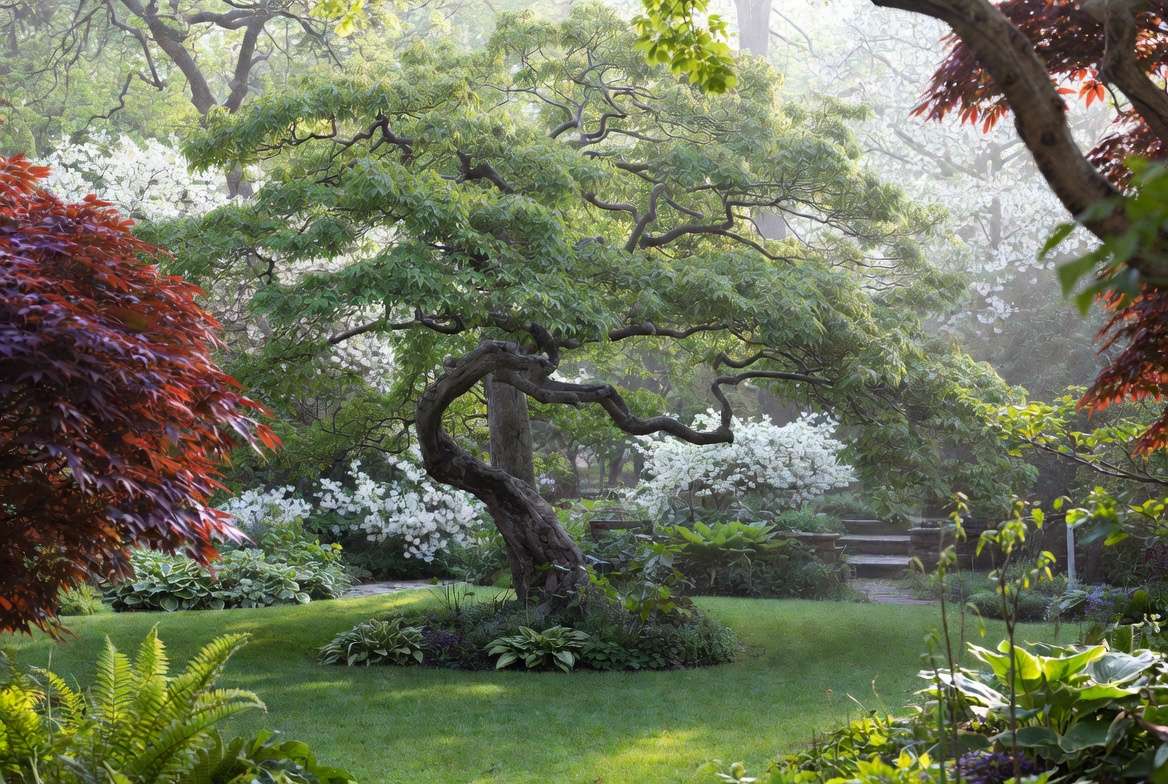 Chinese Lusu tree as focal point in cottage garden landscaping with companion plants
