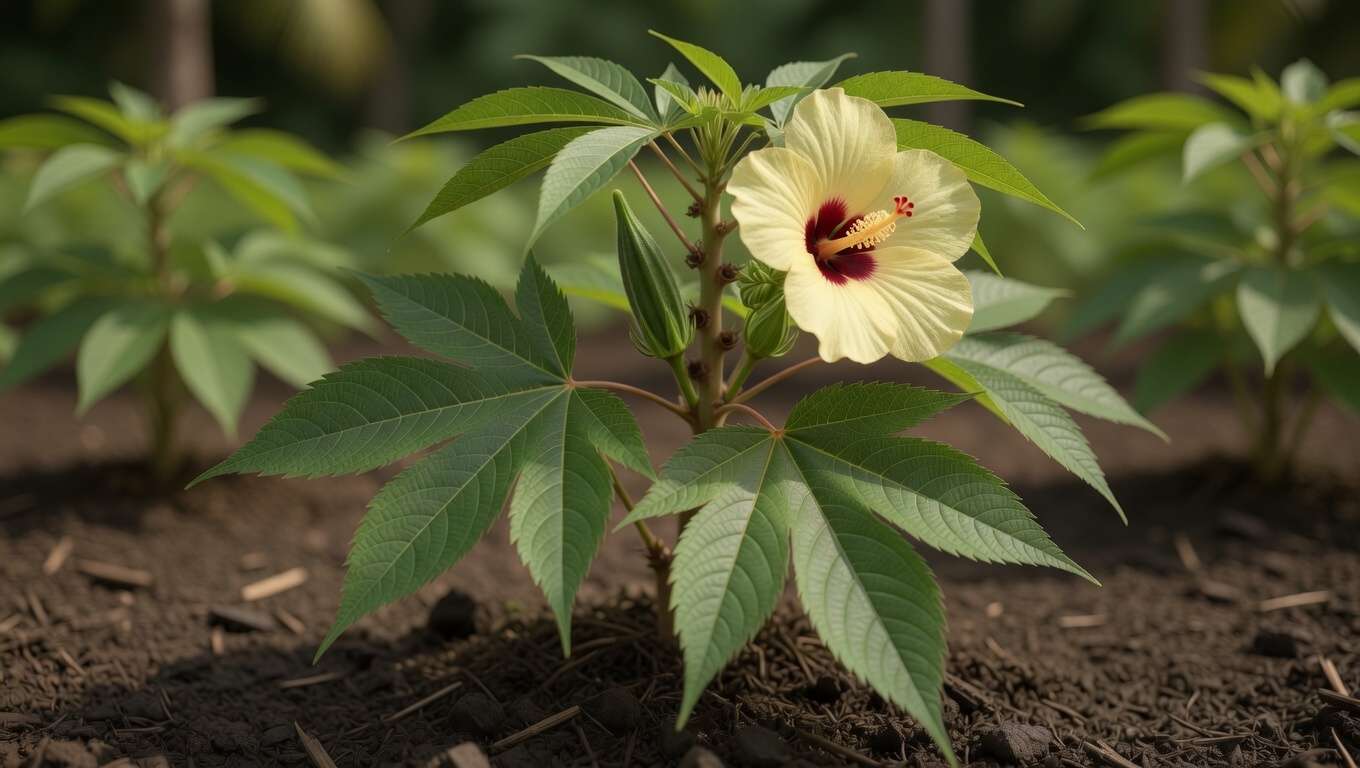 Okra plant with palmate leaves and yellow flower in home vegetable garden identification guide