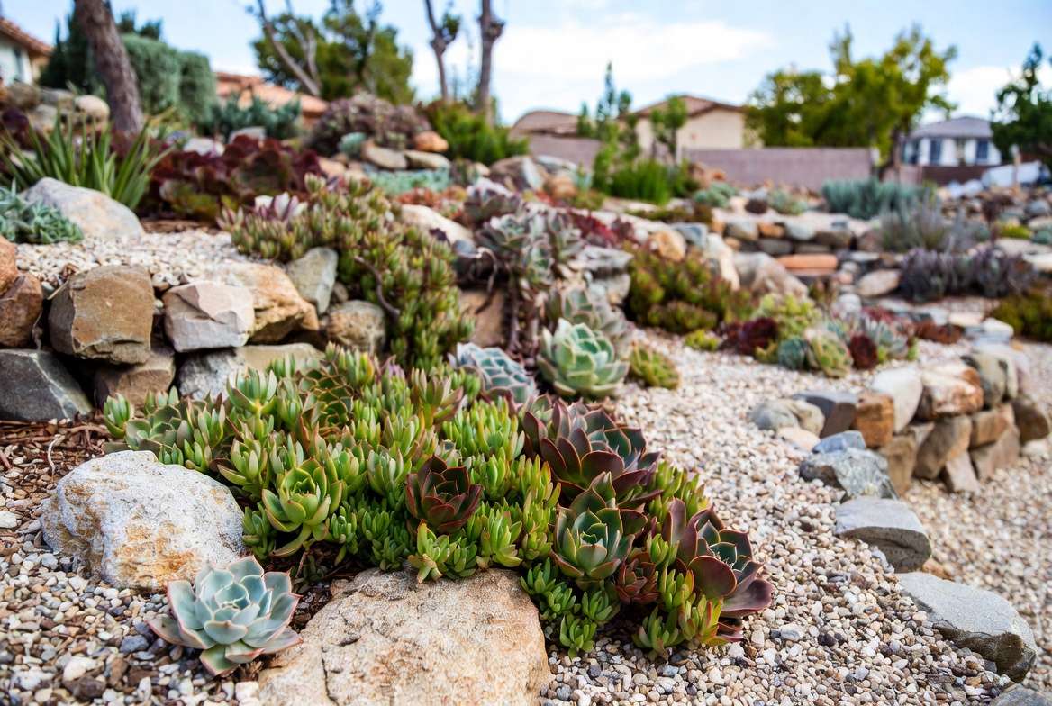 outdoor succulent rock garden grouped by water needs