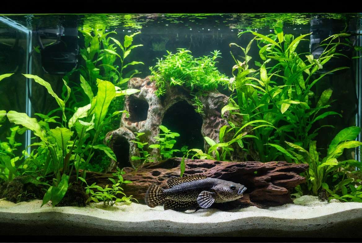 Complete pleco care setup in a healthy planted aquarium with driftwood and hiding spots