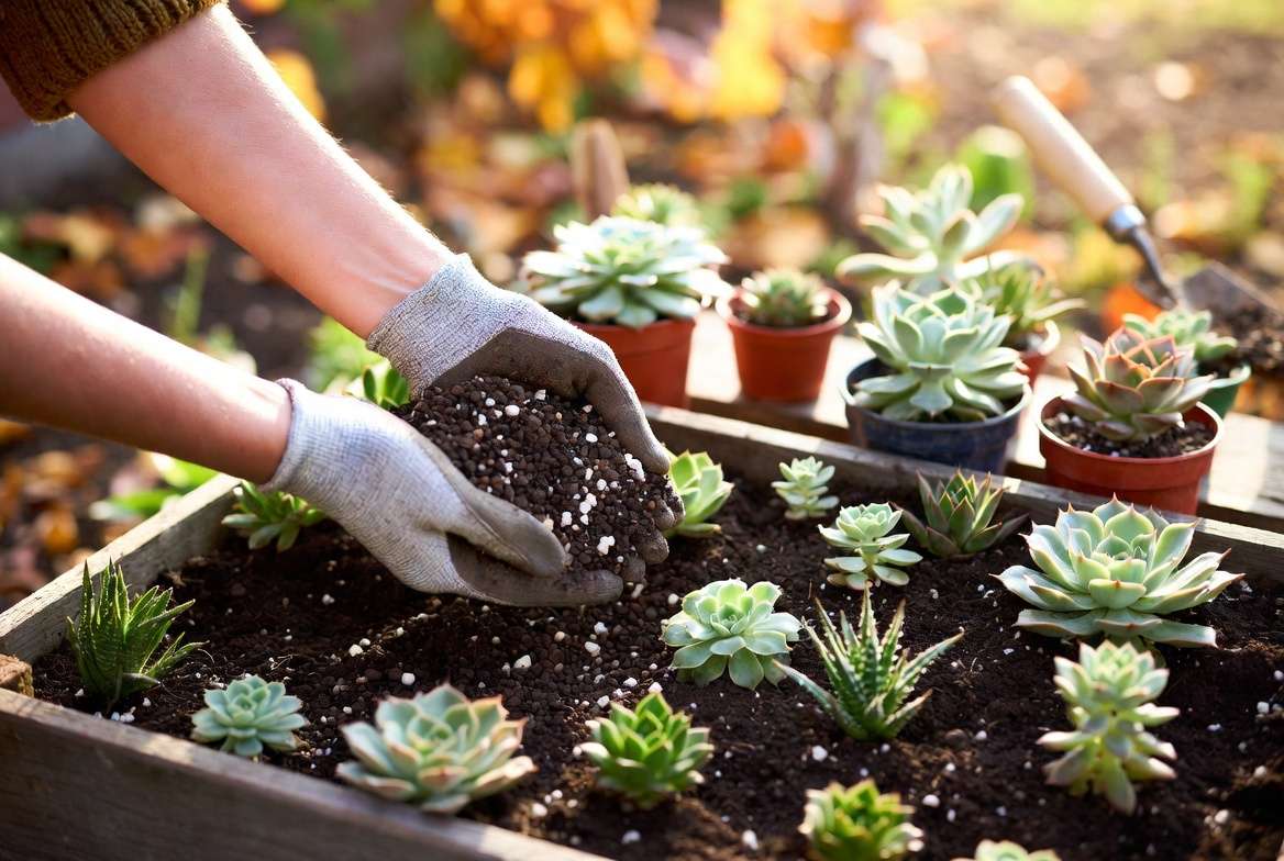 Pre-winter soil preparation and drainage improvement for outdoor succulents