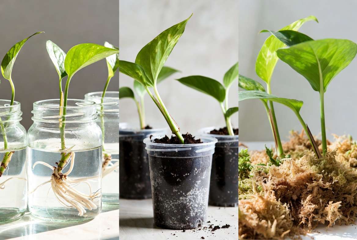 Different rooting methods for mother plant cuttings - water, soil, and moss comparison